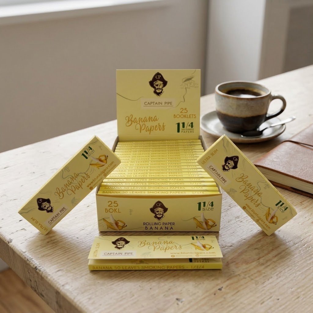 Cueros Papeles Captain Pipe Banana #9: librillos y caja exhibidora sobre una mesa de madera junto a un café