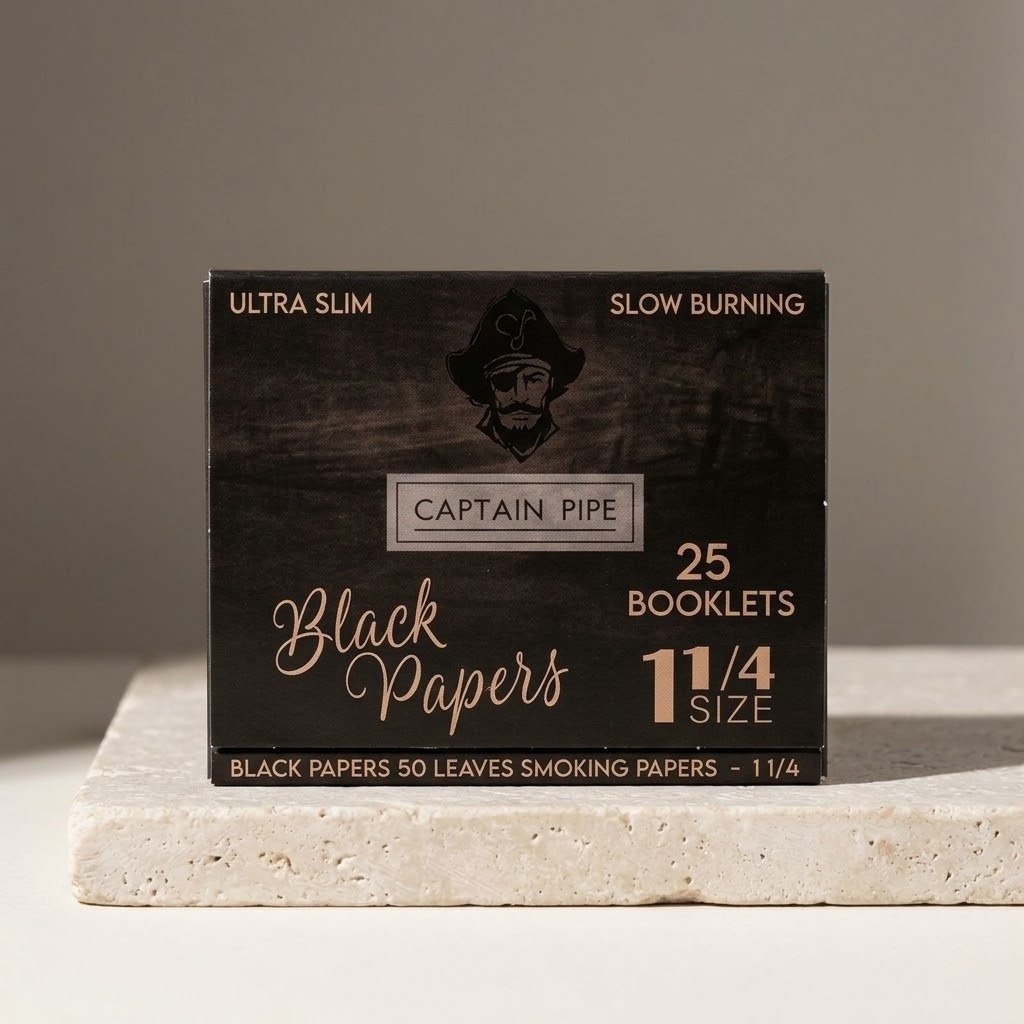 Cueros Papeles Captain Pipe Black #9: caja exhibidora sobre piedra clara