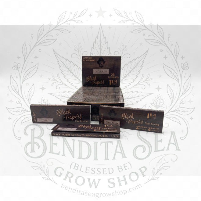 Cueros Papeles Captain Pipe Black #9: librillos y caja exhibidora, sobre fondo blanco