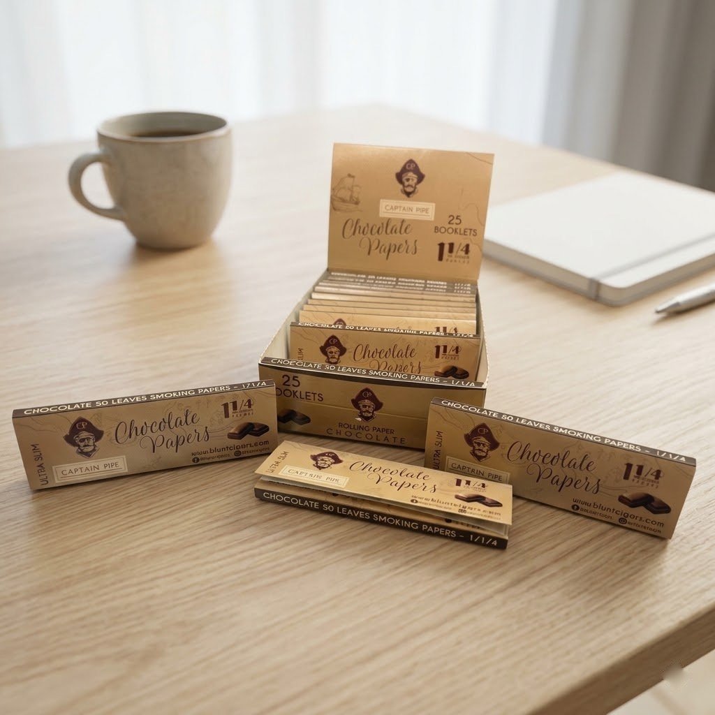 Cueros Papeles Captain Pipe Chocolate #9: librillos y caja exhibidora sobre una mesa de madera junto a un café