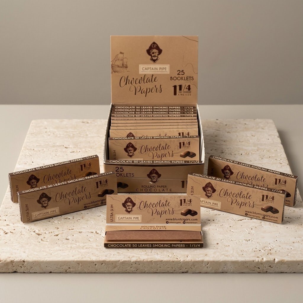 Cueros Papeles Captain Pipe Chocolate #9: librillos y caja exhibidora sobre piedra clara