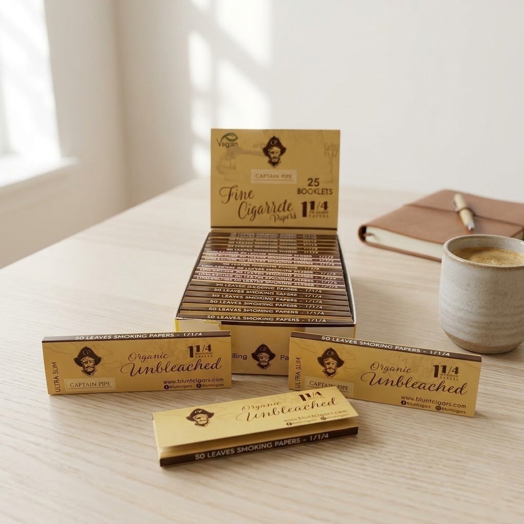 Cueros Papeles Captain Pipe Fino Vegan #9: librillos y caja exhibidora sobre una mesa de madera junto a un café