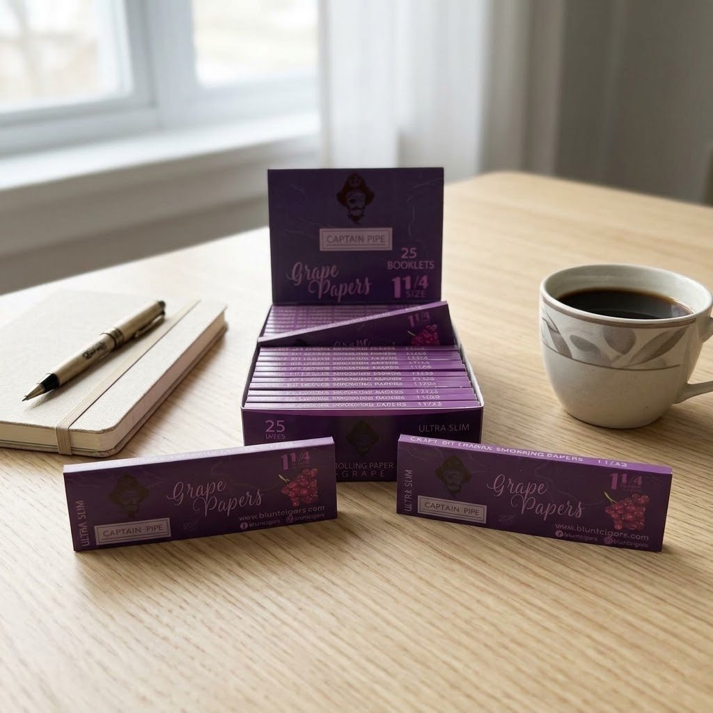 Cueros Papeles Captain Pipe Grape #9: librillos y caja exhibidora sobre una mesa de madera junto a un café