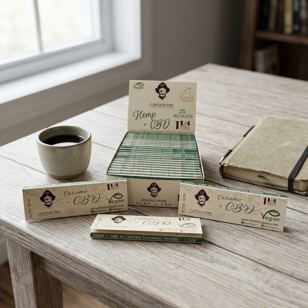 Cueros Papeles Captain Pipe Hemp + CBD Vegan #9: librillos y caja exhibidora sobre una mesa de madera junto a un café
