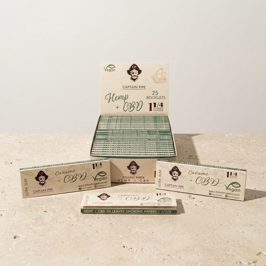 Cueros Papeles Captain Pipe Hemp + CBD Vegan #9: librillos y caja exhibidora sobre piedra clara