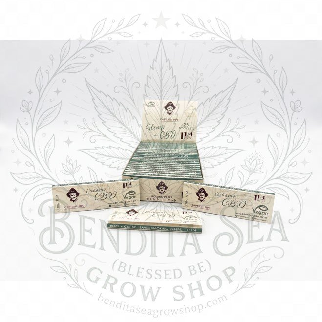 Cueros Papeles Captain Pipe Hemp + CBD Vegan #9: librillos y caja exhibidora, sobre fondo blanco