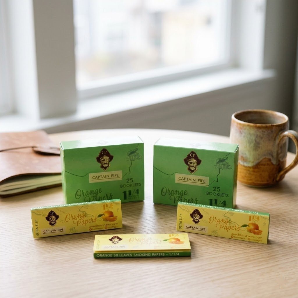 Cueros Papeles Captain Pipe Orange #9: librillos y dos cajas sobre una mesa de madera junto a un café