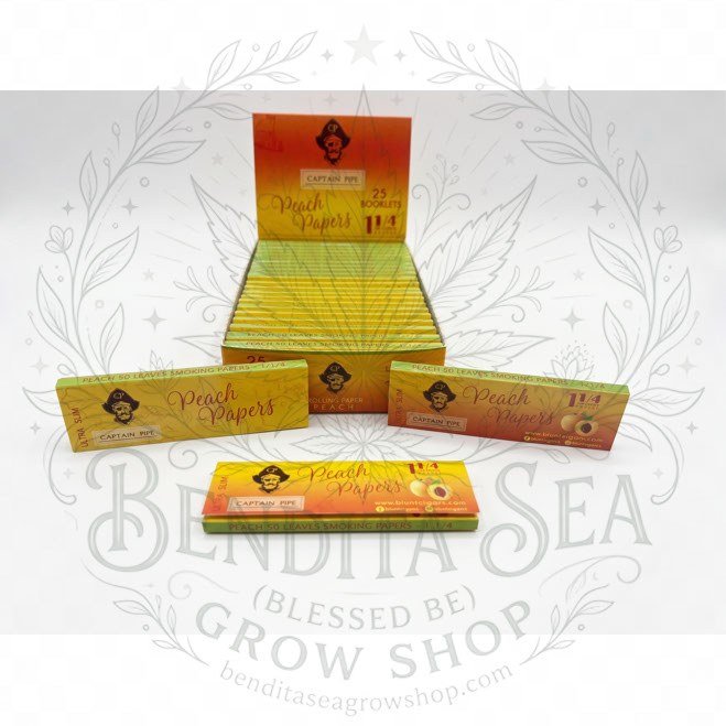 Cueros Papeles Captain Pipe Peach #9: librillos y caja exhibidora, sobre fondo blanco