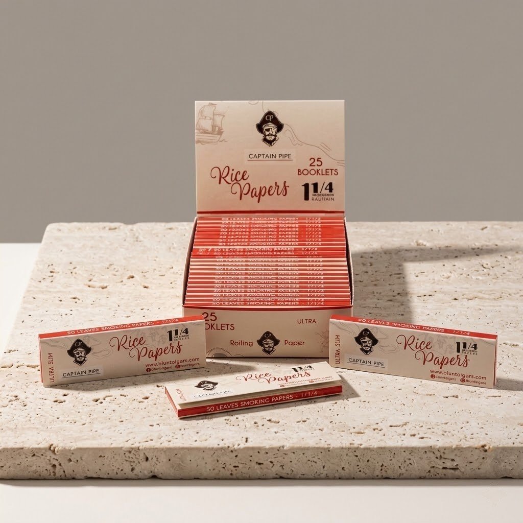 Cueros Papeles Captain Pipe Rice #9: librillos y caja exhibidora sobre piedra clara