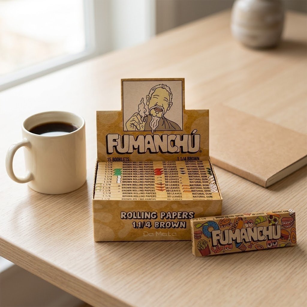 Cueros Papeles Fumanchu Brown #9: librillo y caja exhibidora sobre una mesa de madera junto a un café