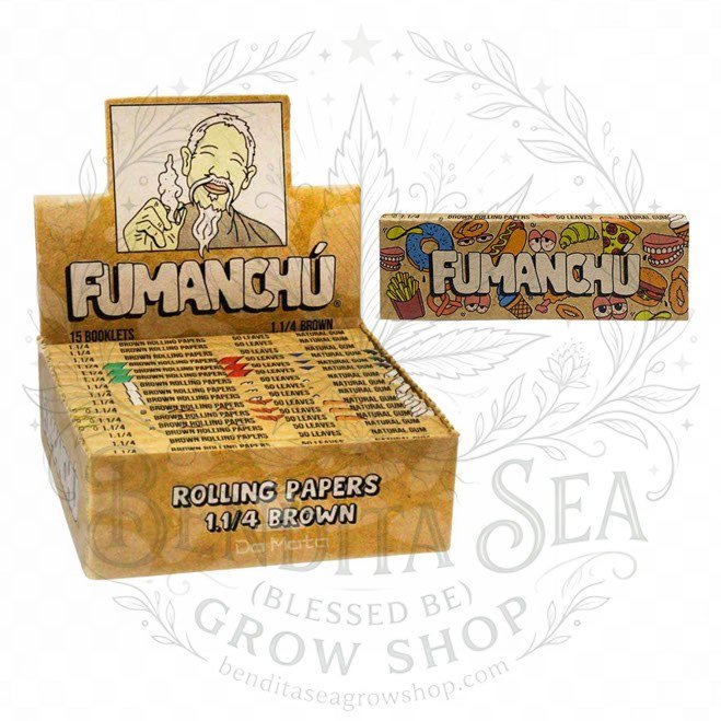 Cueros Papeles Fumanchu Brown #9: librillo y caja exhibidora, sobre fondo blanco
