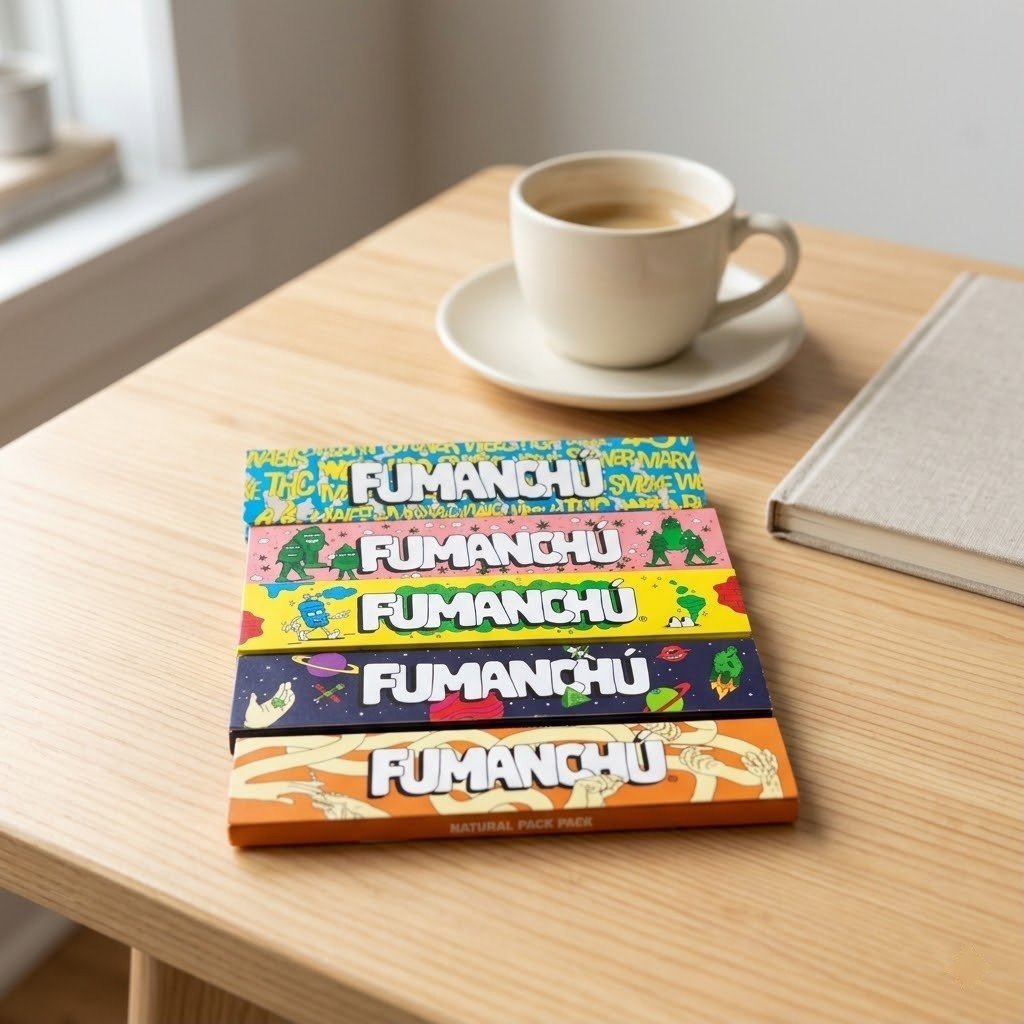 Cueros Papeles Fumanchu Ultra Fino Slim: librillos apilados sobre una mesa de madera junto a un café