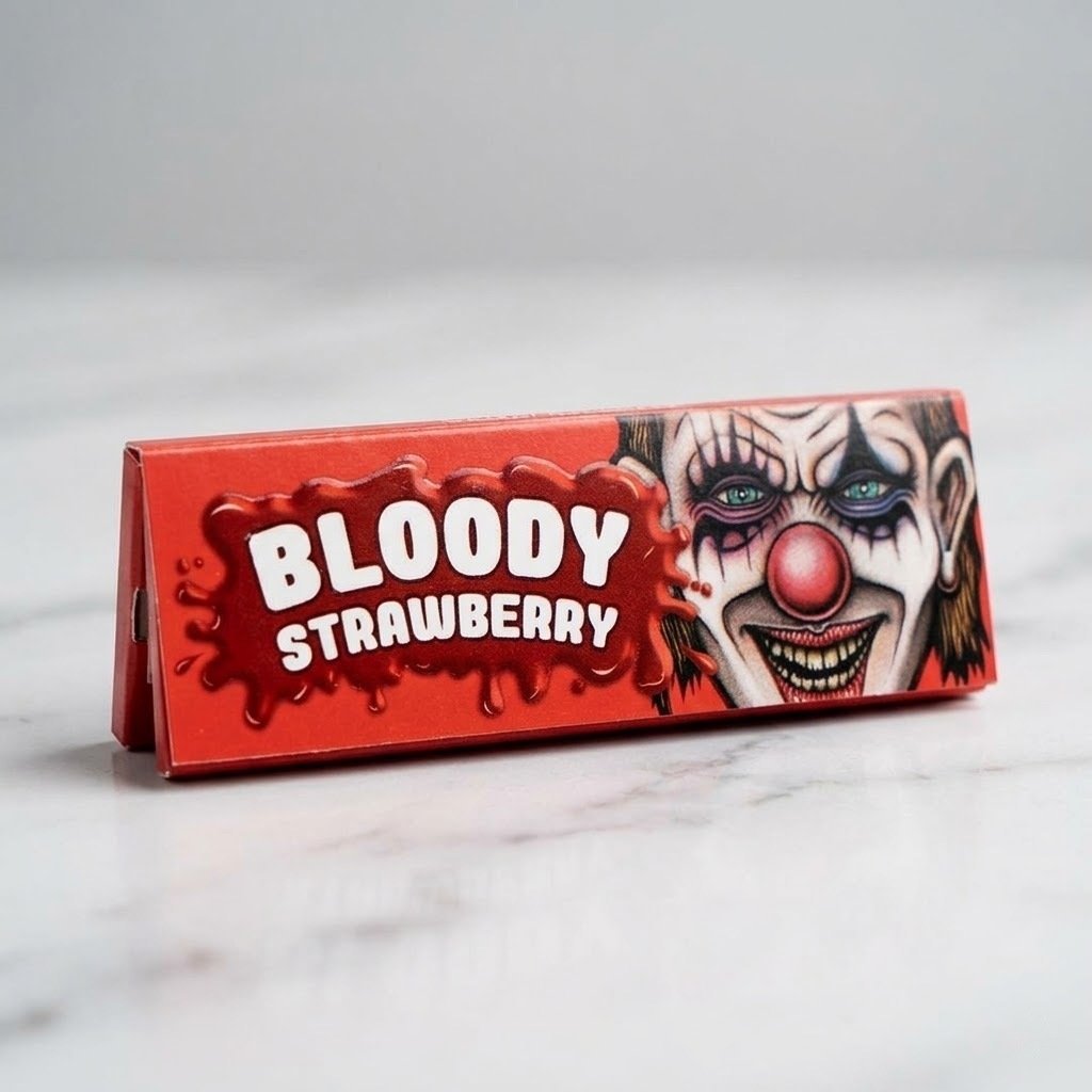 Cueros Papeles Lion Rolling Circus Strawberry #9 sobre una superficie de mármol blanco