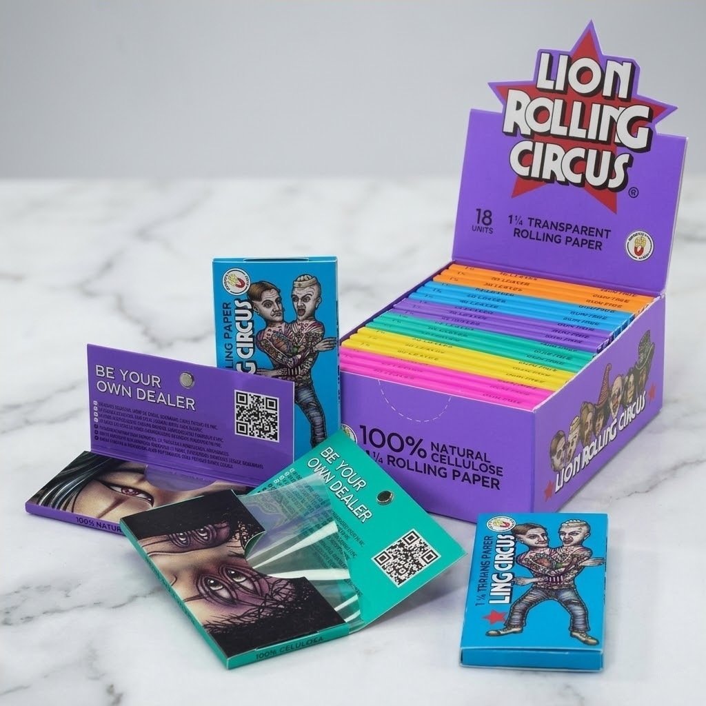 Cueros Papeles Lion Rolling Circus Transparent Celuloso #9: caja exhibidora y librillos sobre mármol blanco