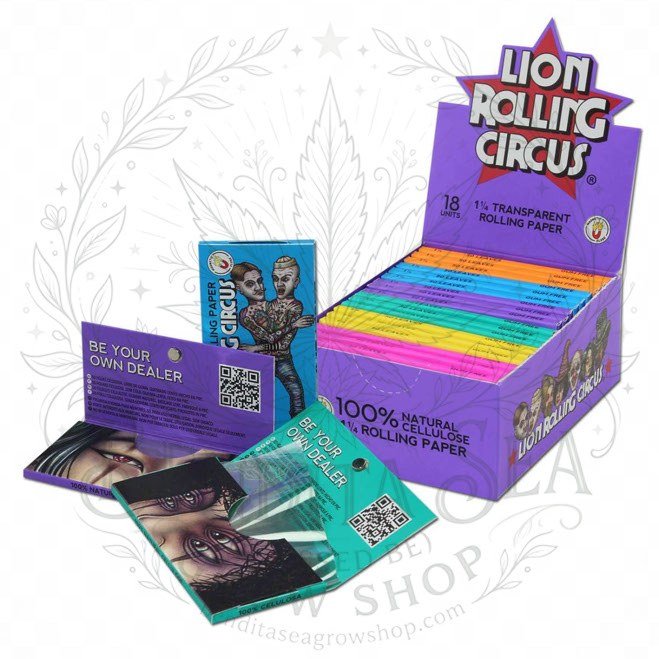 Cueros Papeles Lion Rolling Circus Transparent Celuloso #9: caja exhibidora y librillos, sobre fondo blanco