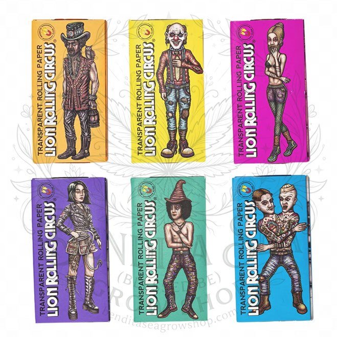 Cueros Papeles Lion Rolling Circus Transparent Celuloso #9: seis librillos sobre fondo blanco