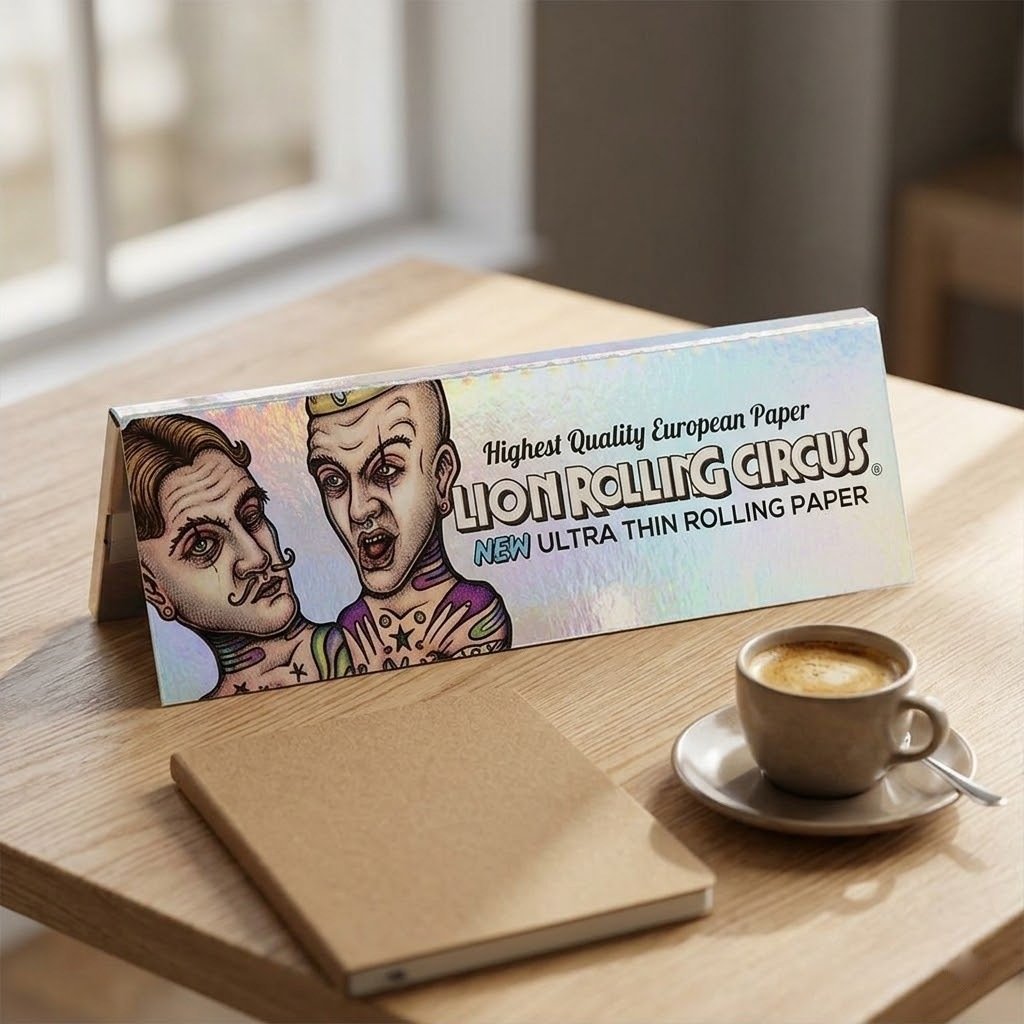 Cueros Papeles Lion Rolling Circus Ultra Thin #9 Silver sobre una mesa de madera junto a una taza de café