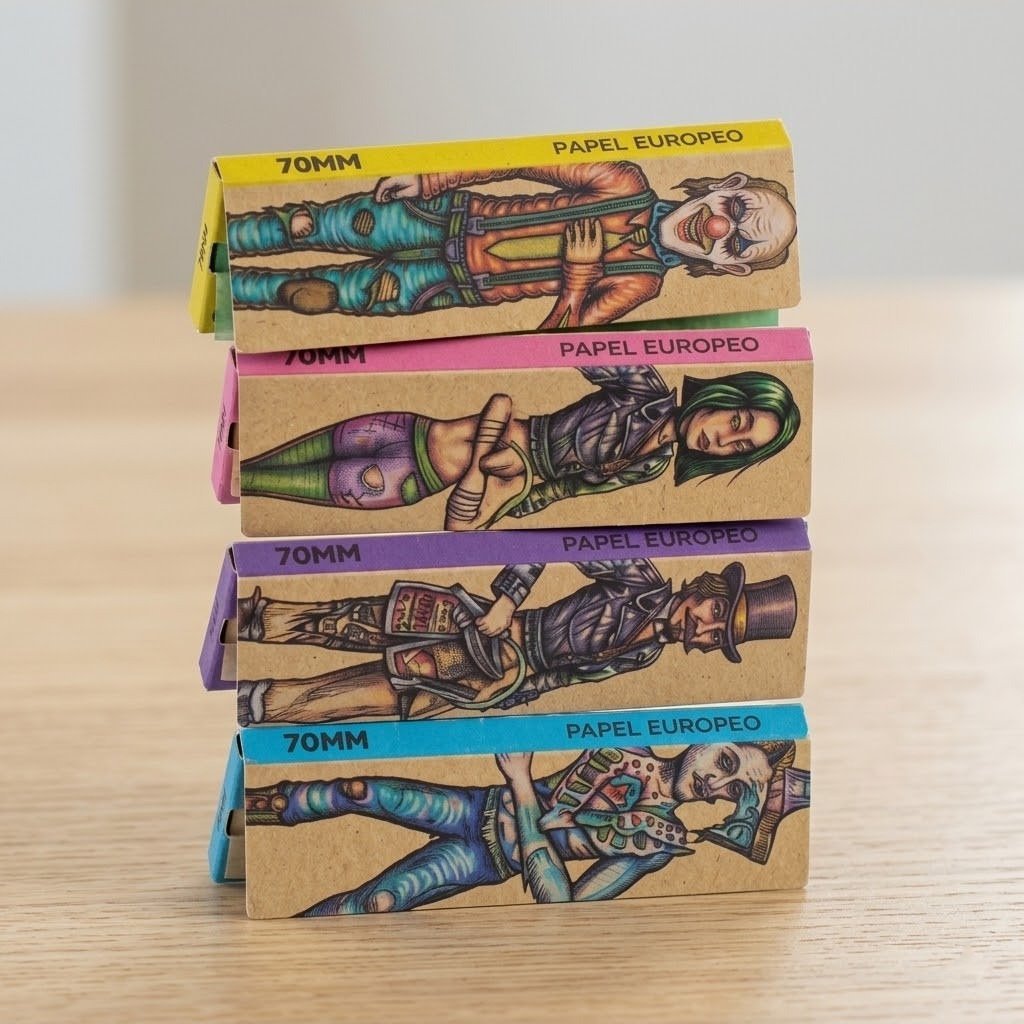 Cueros Papeles Lion Rolling Circus Unbleached #7: librillos apilados sobre una mesa de madera