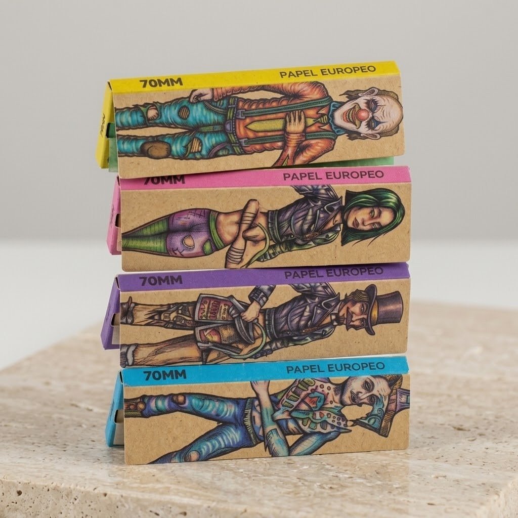 Cueros Papeles Lion Rolling Circus Unbleached #7: librillos apilados sobre piedra clara