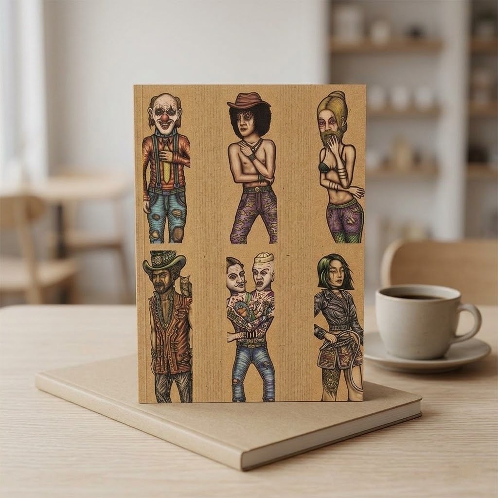 Cueros Papeles Lion Rolling Circus Unbleached #9: seis librillos con sus personajes junto a una taza de café