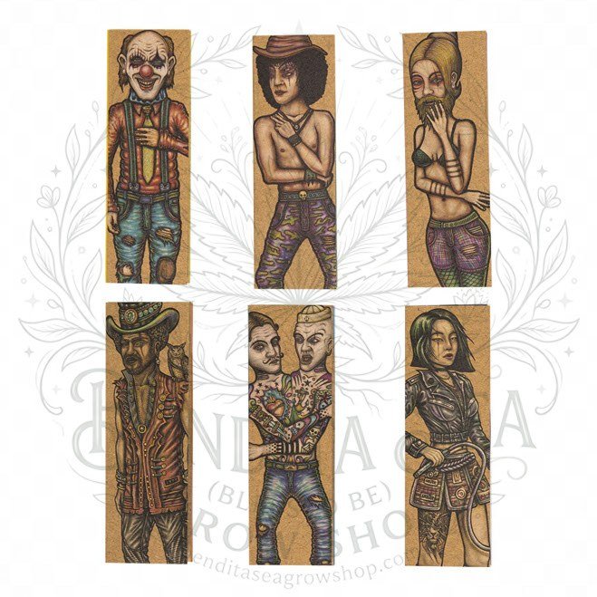 Cueros Papeles Lion Rolling Circus Unbleached #9: seis librillos con sus personajes, sobre fondo blanco