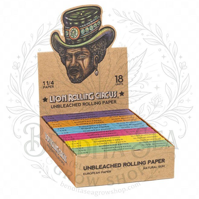 Cueros Papeles Lion Rolling Circus Unbleached #9: caja exhibidora sobre fondo blanco