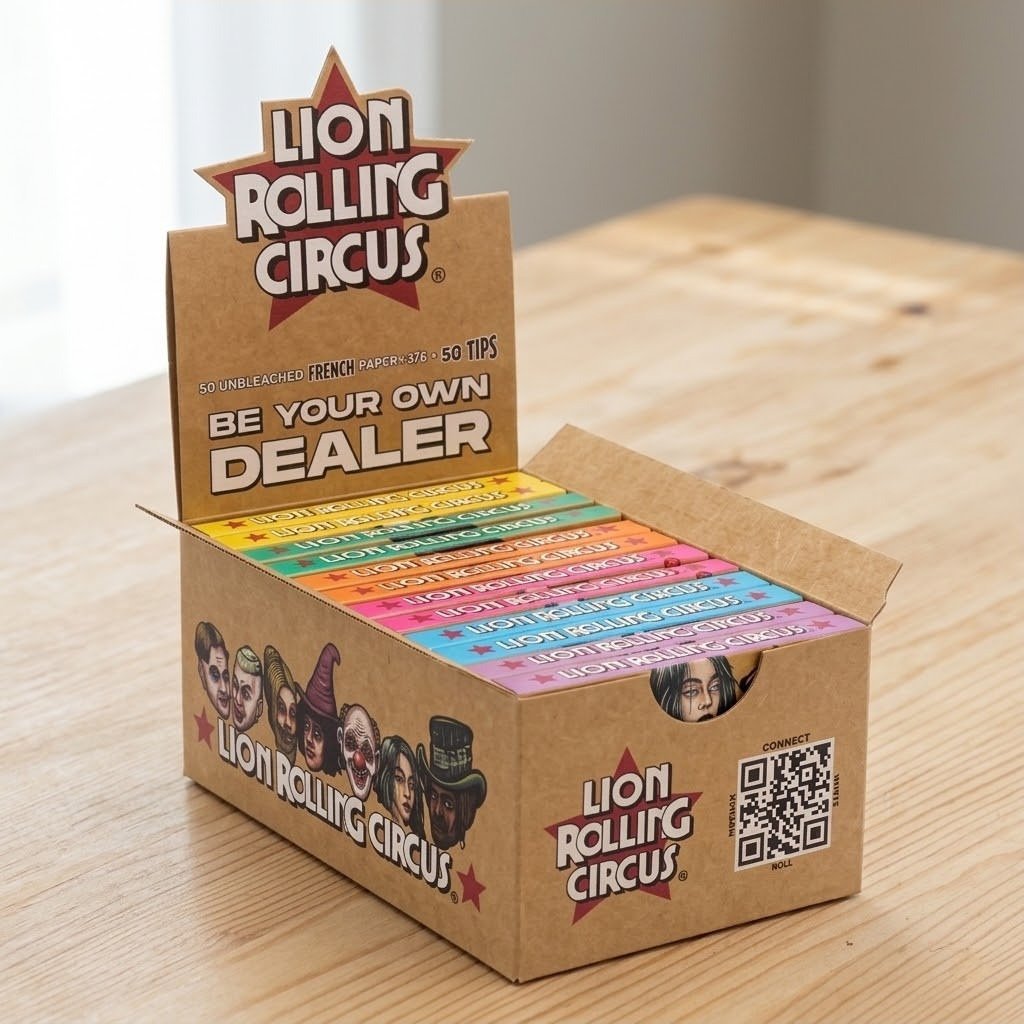Cueros Papeles Lion Rolling Circus Unbleached #9 + Tips: caja exhibidora sobre una mesa de madera