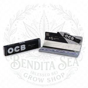 Cueros Papeles OCB Premium Slim + Tips: librillo cerrado y otro abierto con sus tips, sobre fondo blanco