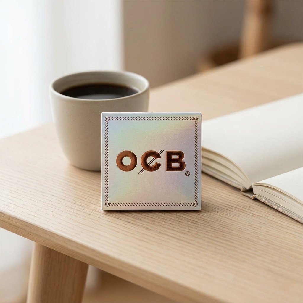 Cueros Papeles OCB White N1 Formato Español #7 sobre una mesa de madera junto a una taza de café