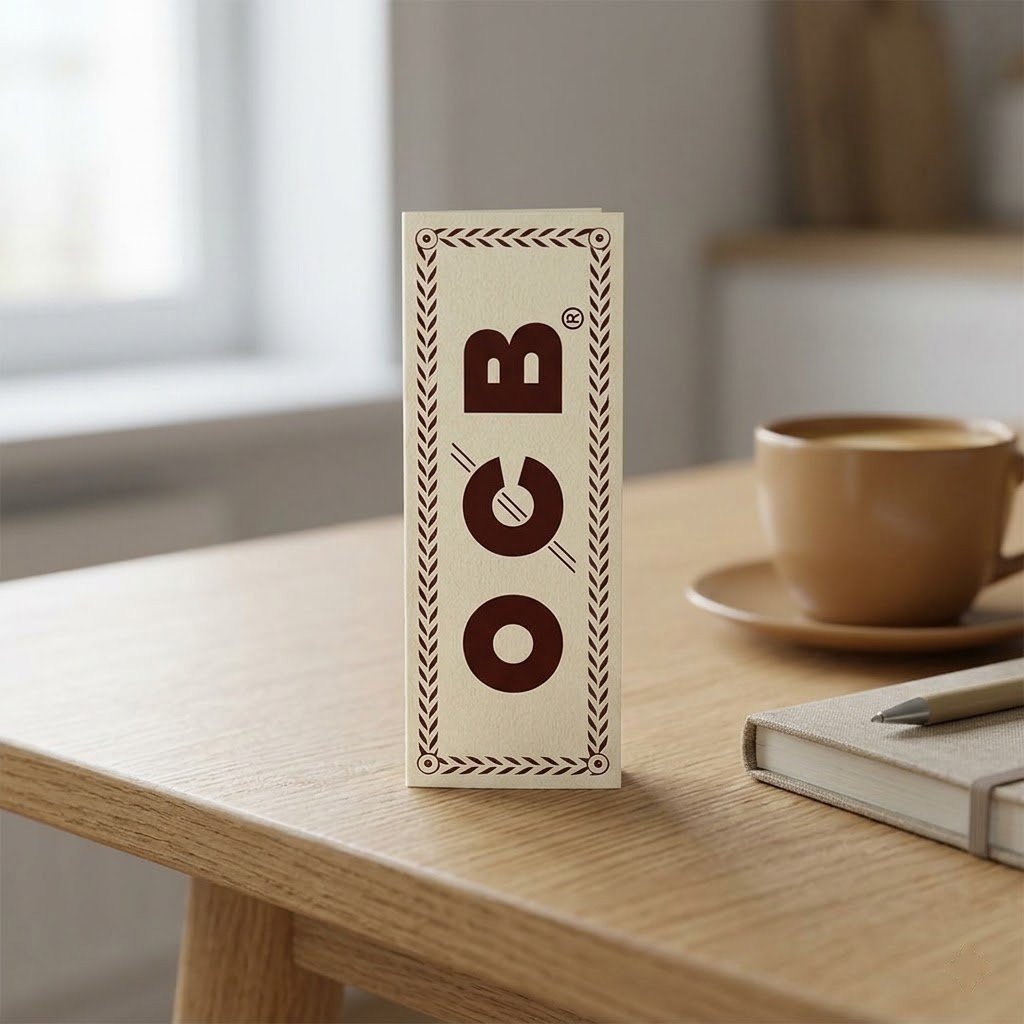 Cueros Papeles OCB White N1 Formato Español #9 de pie sobre una mesa de madera junto a una taza de café
