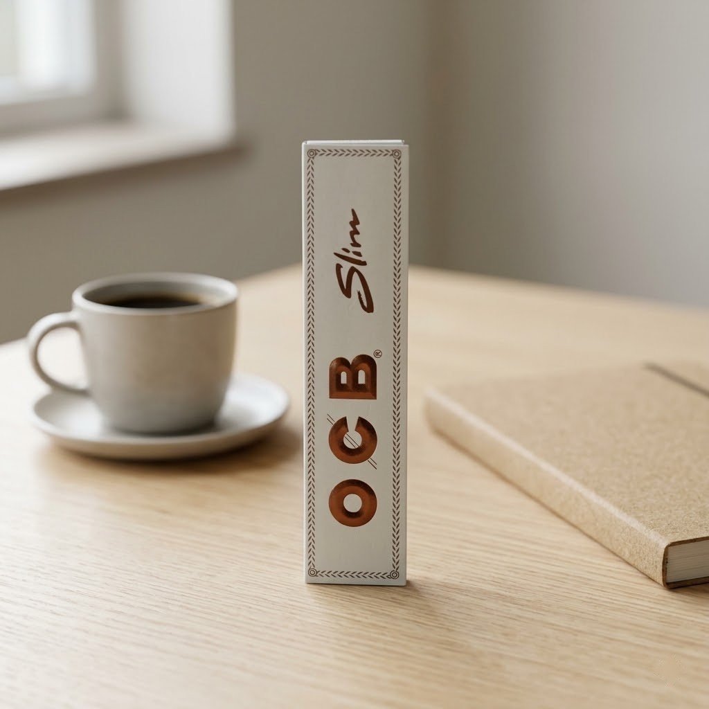 Cueros Papeles OCB No. 1 Formato Español Slim de pie sobre una mesa de madera junto a una taza de café