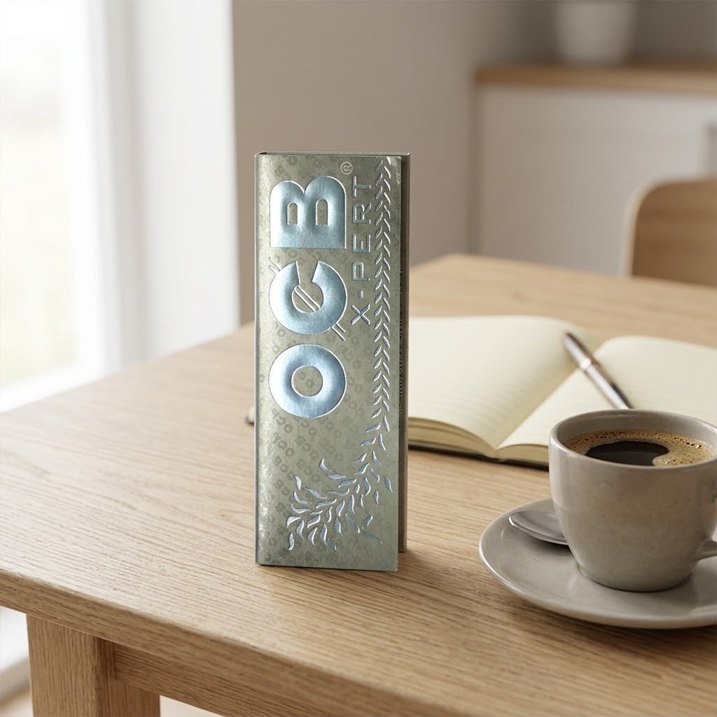 Cueros Papeles OCB X-Pert Silver #9 de pie sobre una mesa de madera junto a una taza de café