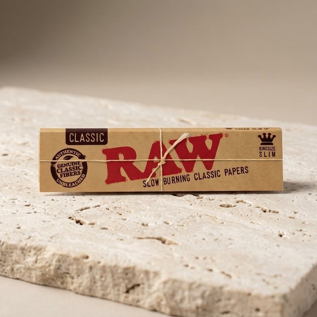 Cueros Papeles RAW Classic Slim sobre un bloque de piedra clara