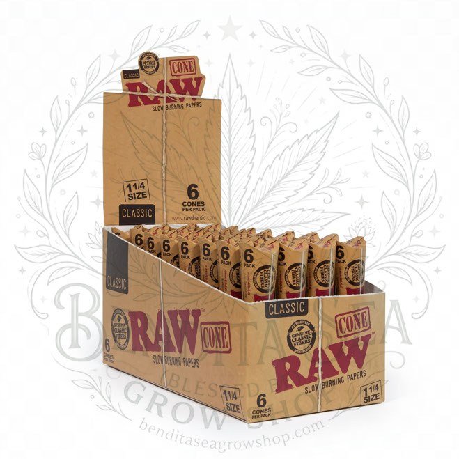 Cueros Papeles RAW Cono x6: caja exhibidora sobre fondo blanco