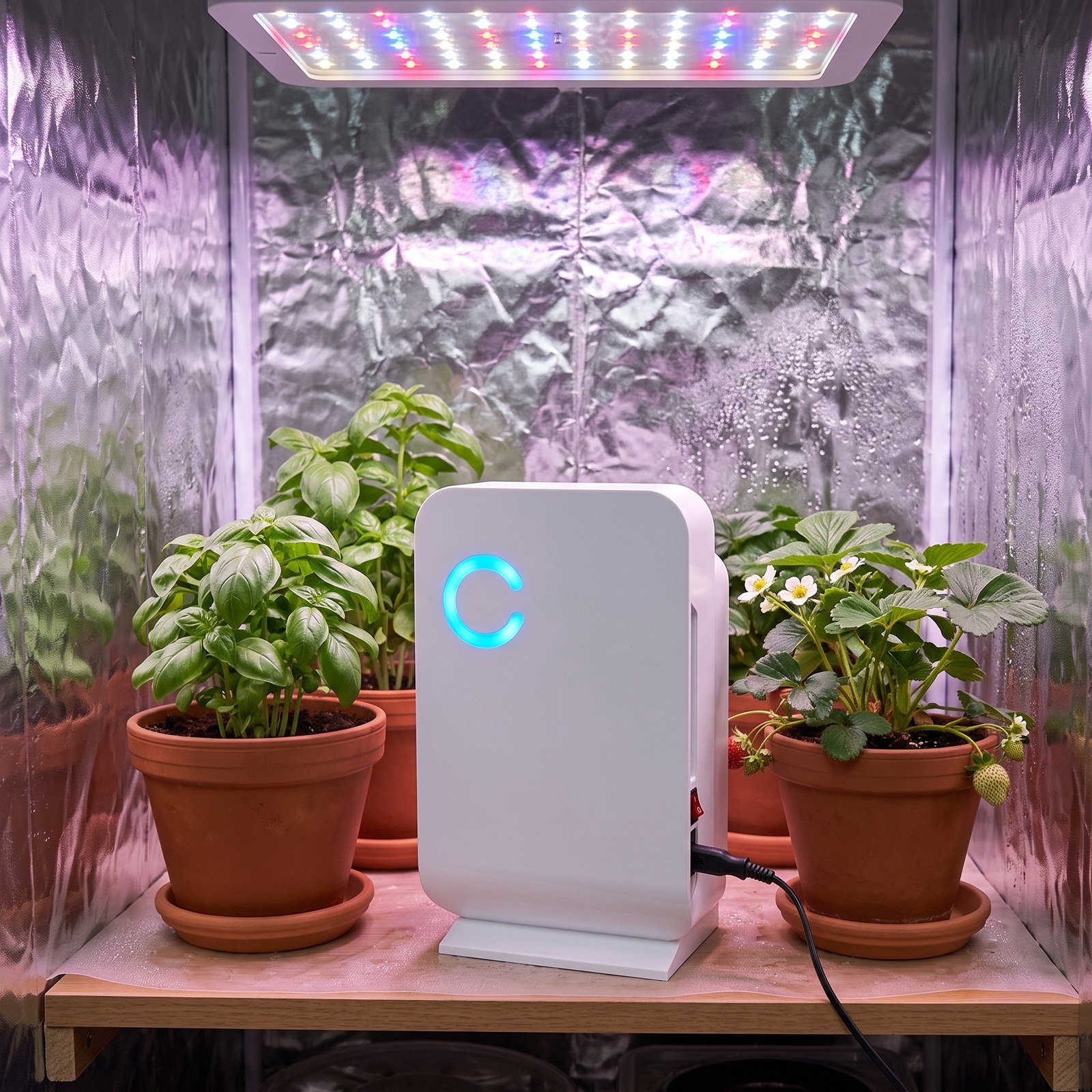 Deshumidificador de 1,3 litros dentro de un armario de cultivo con plantas en materas