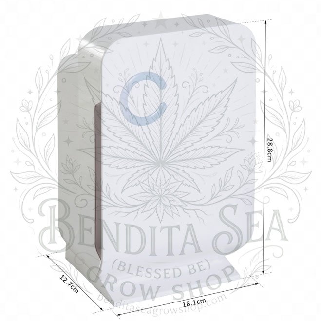Deshumidificador 1.3 litros de frente con sus medidas: 28,8 x 18,1 x 12,7 cm