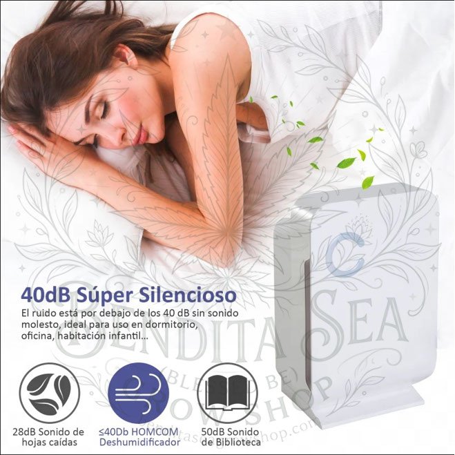 Deshumidificador 1.3 litros funcionando en un dormitorio, con 40 dB de ruido