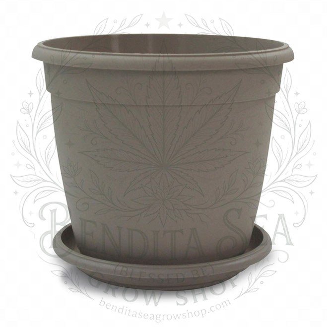 Eco matera Genova de 32 cm gris con su plato, vista de frente