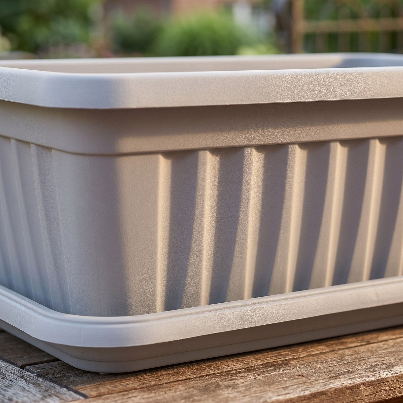 Detalle de la jardinera Venezia gris vacía, con sus estrías y su bandeja