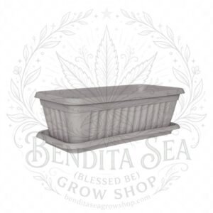 Jardinera Eco Venezia de 35 cm gris con su bandeja, vista de frente