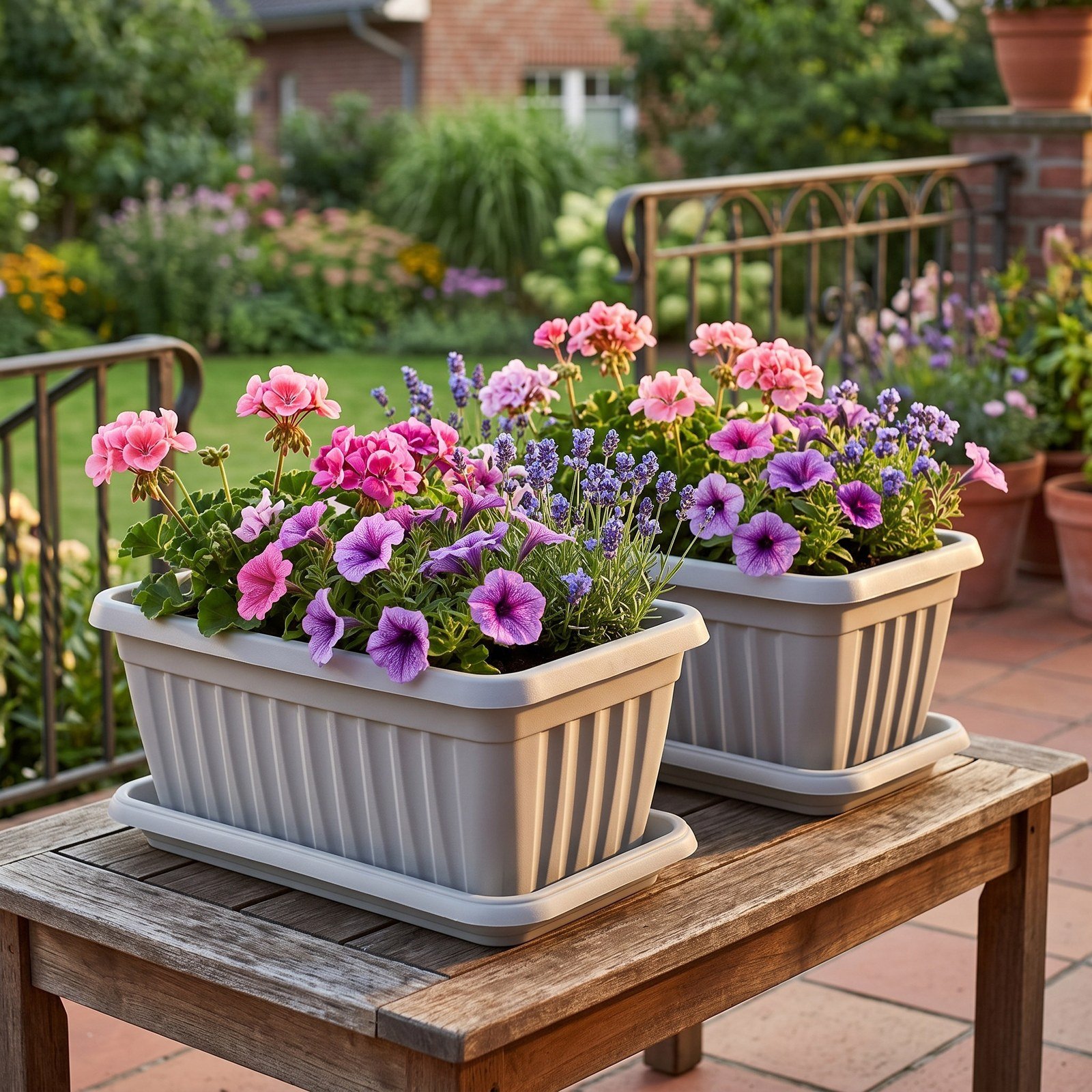 Dos jardineras con bandeja de 35 cm con petunias en flor sobre la baranda de un balcón