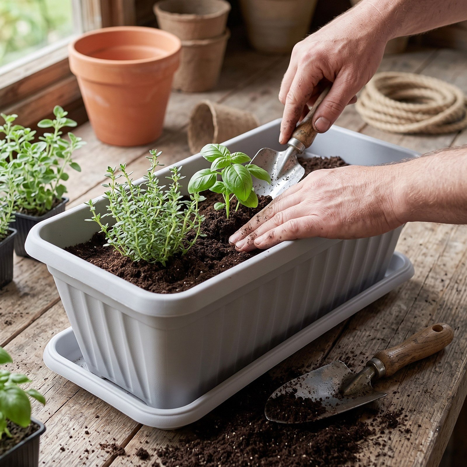 Manos sembrando aromáticas en una jardinera con bandeja Venezia sobre una mesa de madera
