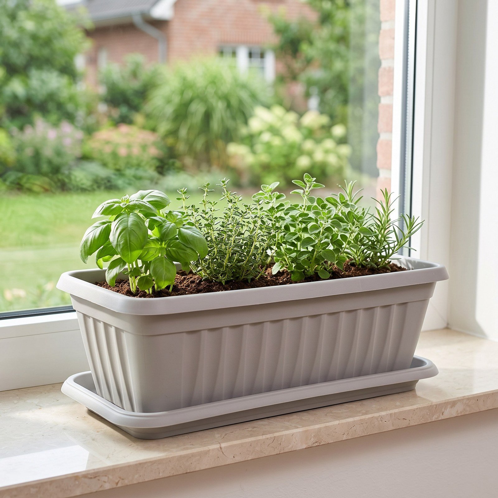 Jardinera con bandeja de 35 cm con aromáticas en el borde de una ventana