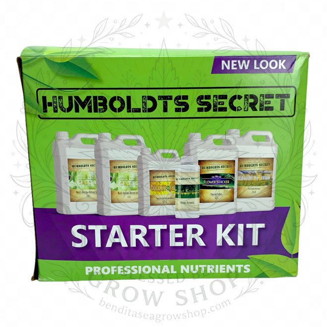 Caja verde del Starter Kit de fertilizantes Humboldts Secret con los seis frascos impresos