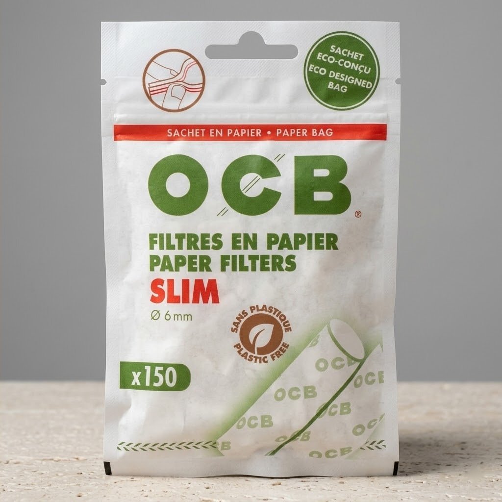 Filtros de Papel OCB Slim Ecológicos sobre un bloque de piedra clara