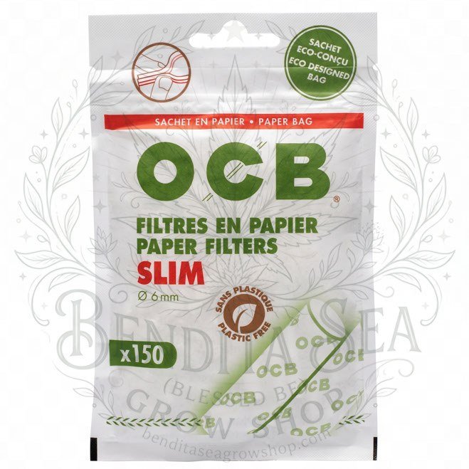 Filtros de Papel OCB Slim Ecológicos en su bolsa, sobre fondo blanco