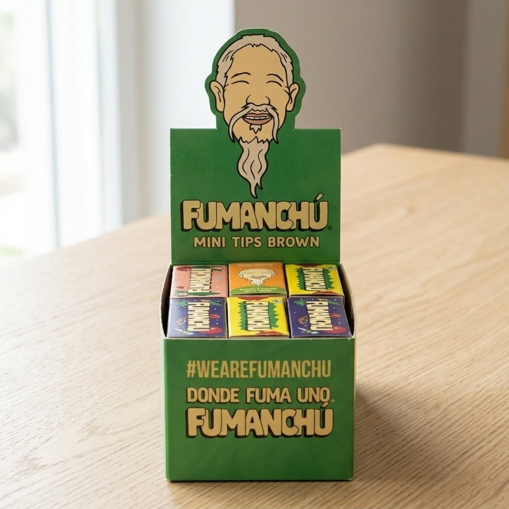 Filtros Fumanchu Brown Mini: caja exhibidora sobre una mesa de madera