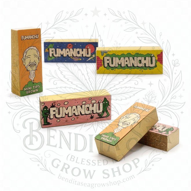 Filtros Fumanchu Brown Mini: librillos y caja, sobre fondo blanco