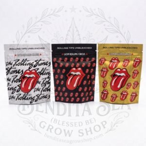Filtros Lion Rolling Circus Pre Rolled Rolling Stones x55: tres bolsas con el logo de la lengua, sobre fondo blanco