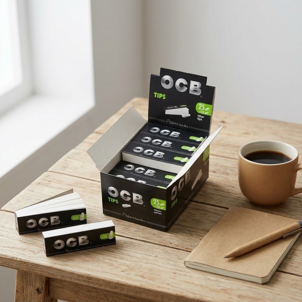 Filtros OCB Tips Premium x50: caja exhibidora y librillos sobre una mesa de madera junto a un café